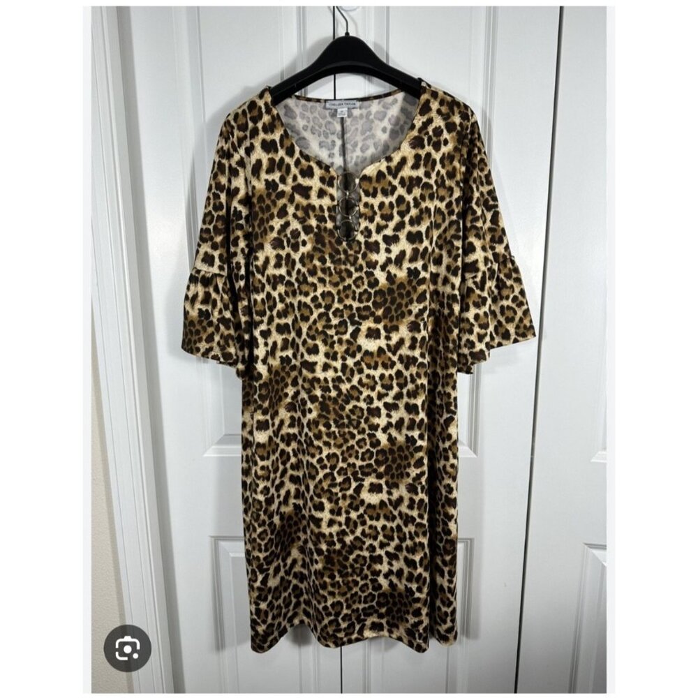 Chelsea Taylor Womens 2X Cheetah Print Dress Gold Rings Animal Print (bin LL179)